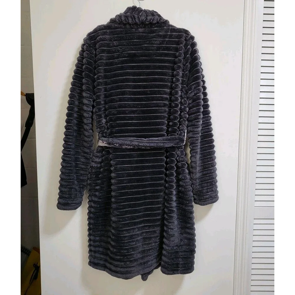 ANTHROPOLOGIE Mariposa Robe Womens M/L Charcoal Velvet Tie Faux Fur Plush Cozy - Picture 7 of 8